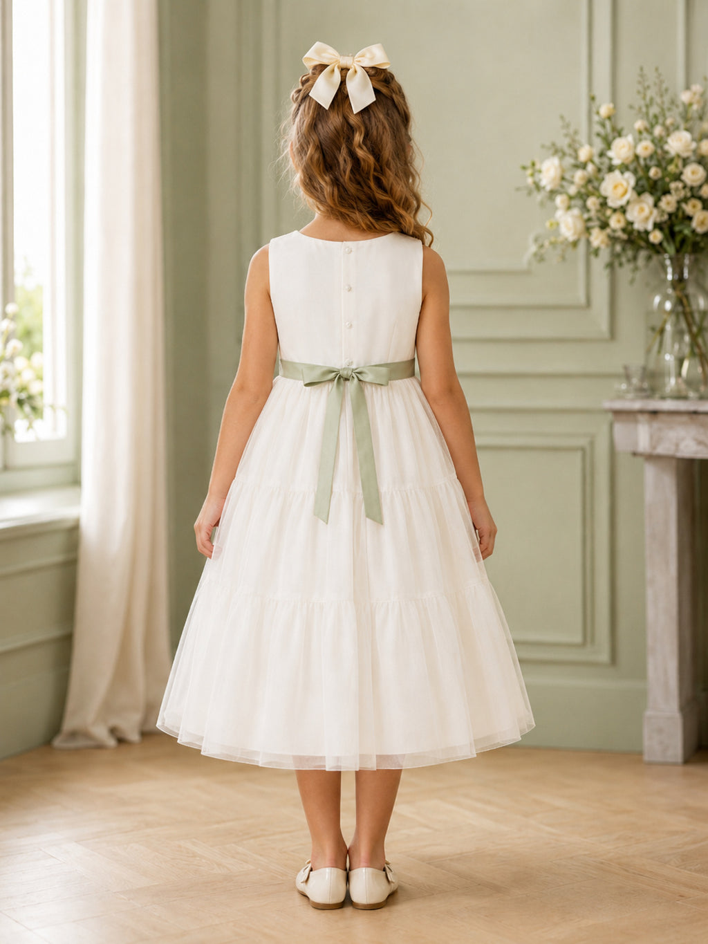 Ivory Satin A-Line Flower Girl Dress with Sleeveless, jewel Neckline, and Tea length Skirt with Bow Accents back view