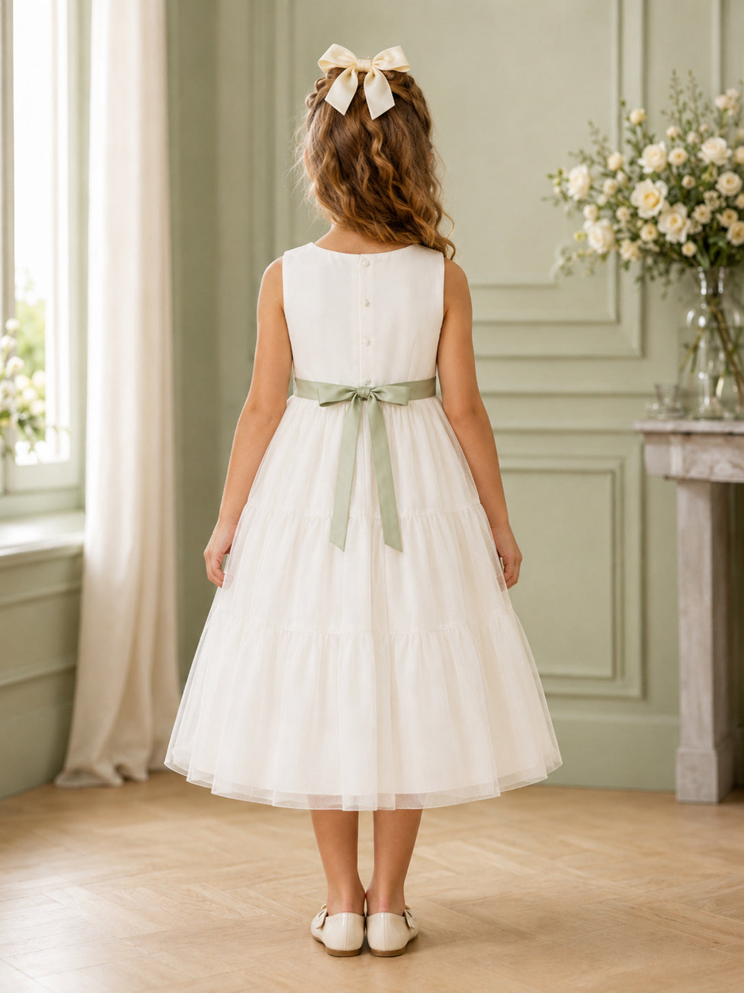 Ivory Satin A-Line Flower Girl Dress with Sleeveless, jewel Neckline, and Tea length Skirt with Bow Accents back view