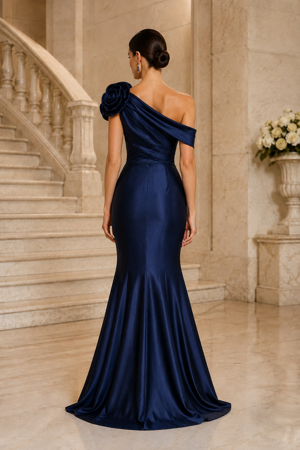 Evening Gown Dark Navy Satin Mermaid One Shoulder Short Sleeve Floor Length back view