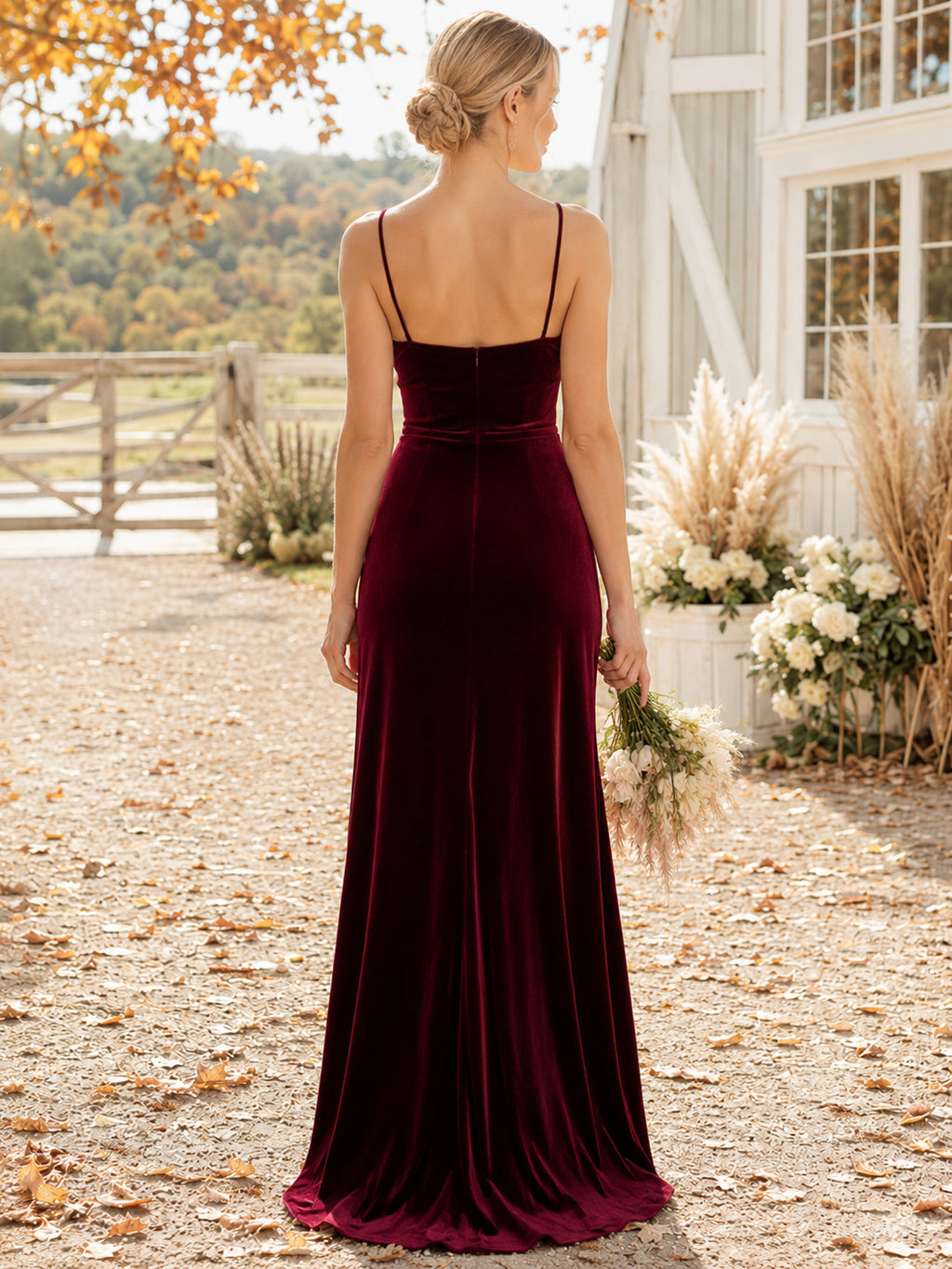 Burgundy cowl neck velvet sheath floor length bridesmaid gown back view