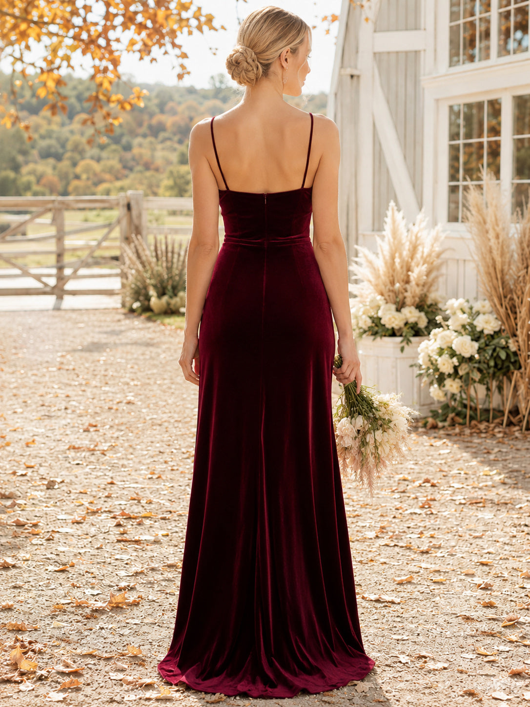 Burgundy cowl neck velvet sheath floor length bridesmaid gown back view