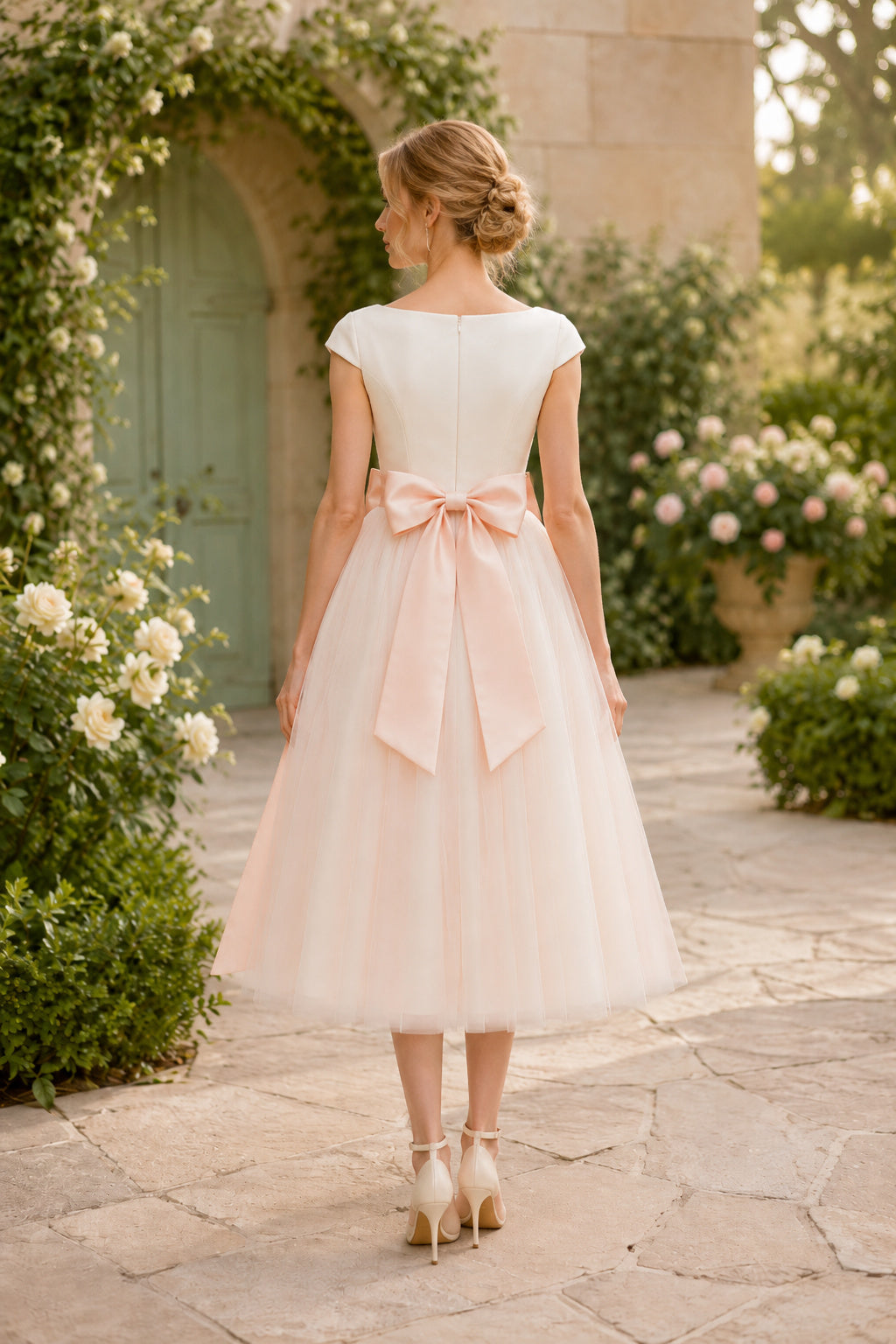 Ivory Bateau Neck Simple Bodice with Bow Back and Tulle Skirt Tea Length A-Line Wedding Dress back view