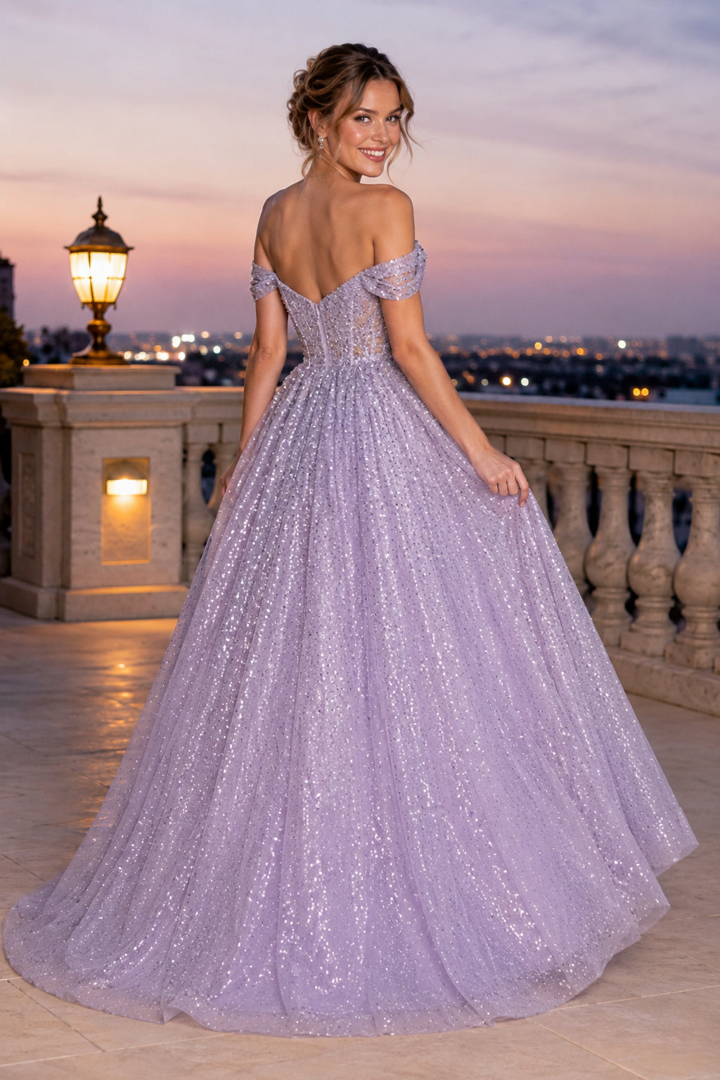 Lavender Glitter Off-the-Shoulder Ball Gown with Full Tulle Skirt back view