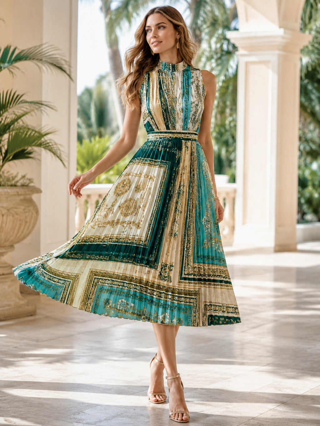 Turquoise Scarf Print Sleeveless Pleated Midi Guest Occasion Dress front view