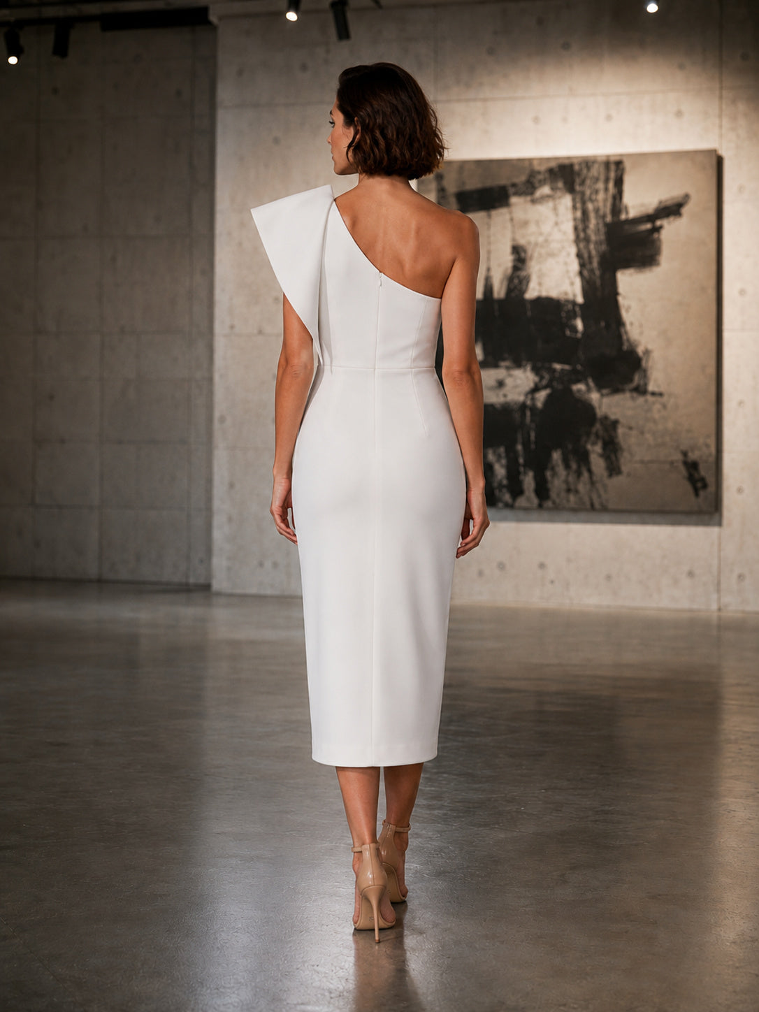 Sculptural one shoulder fold sheath gallery midi dress back view