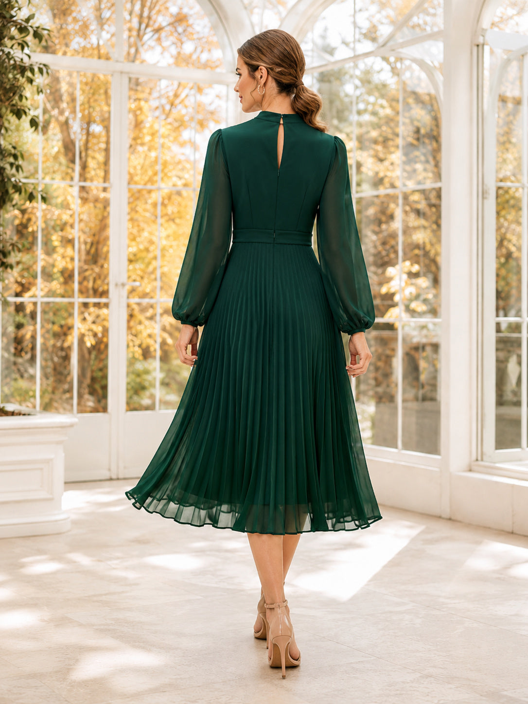 Dark Green Chiffon High Neck Long Sleeve Guest Dress back view