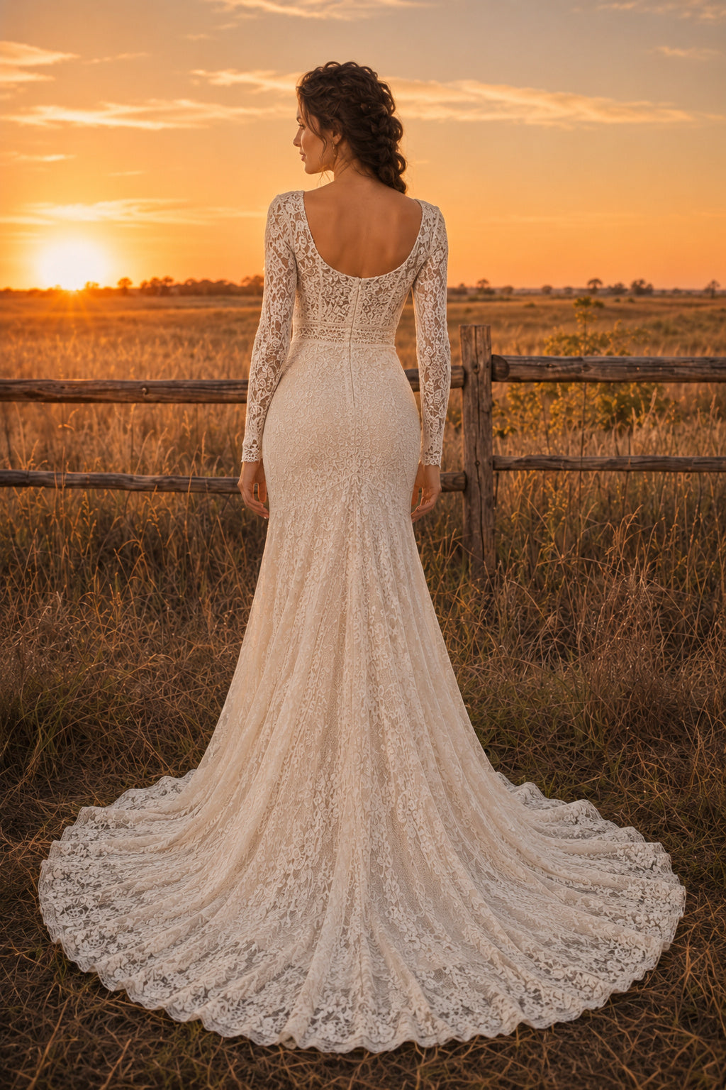 Square Neck Long Sleeve Mermaid Wedding Dress with Lace Overlay and Sweep Train for Rustic Garden Ceremony Style MG_700721 ba