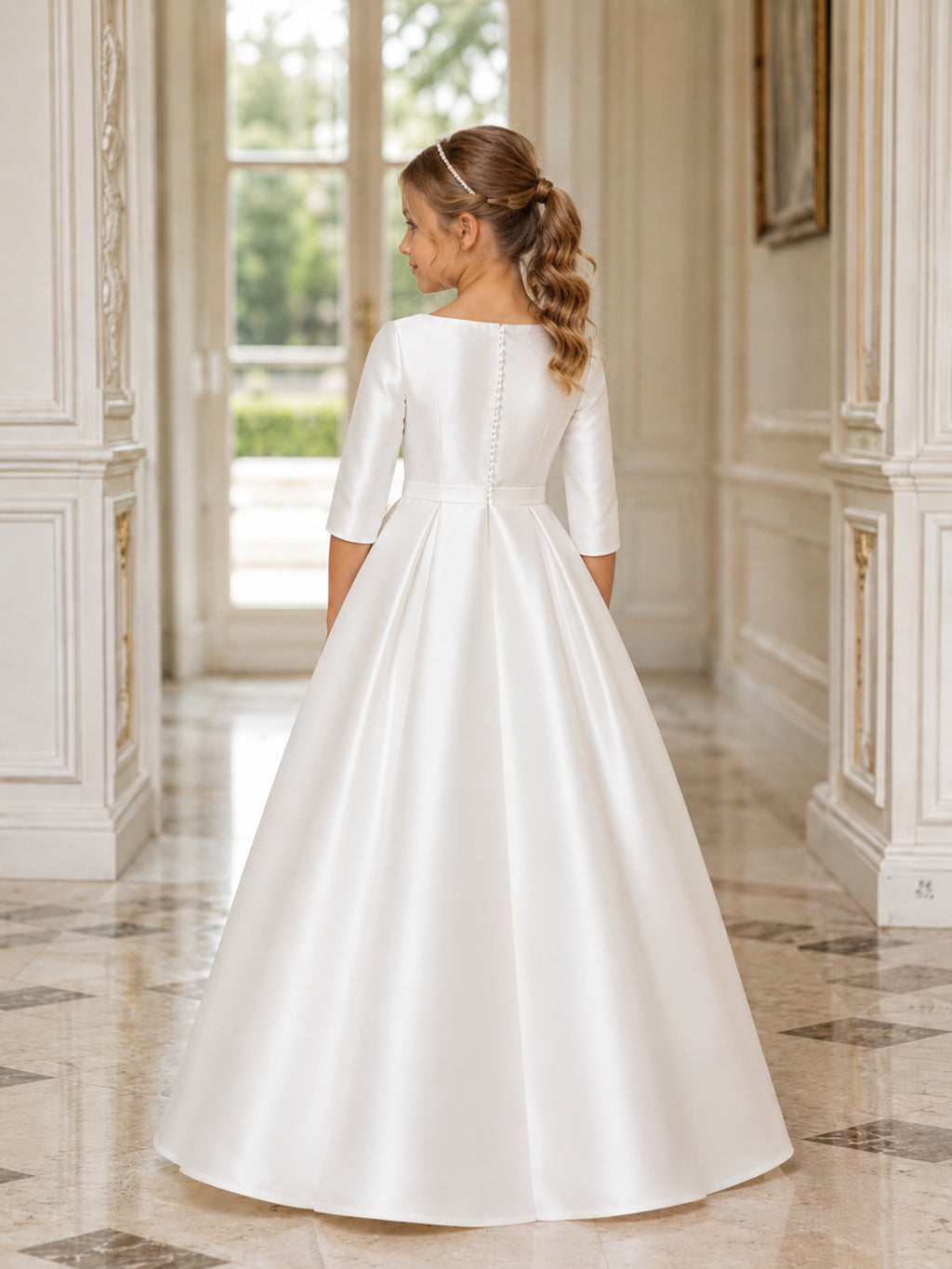 Ivory 3/4 Sleeve Bow Satin A-Line Flower Girl Dress with Floor-Length Skirt back view