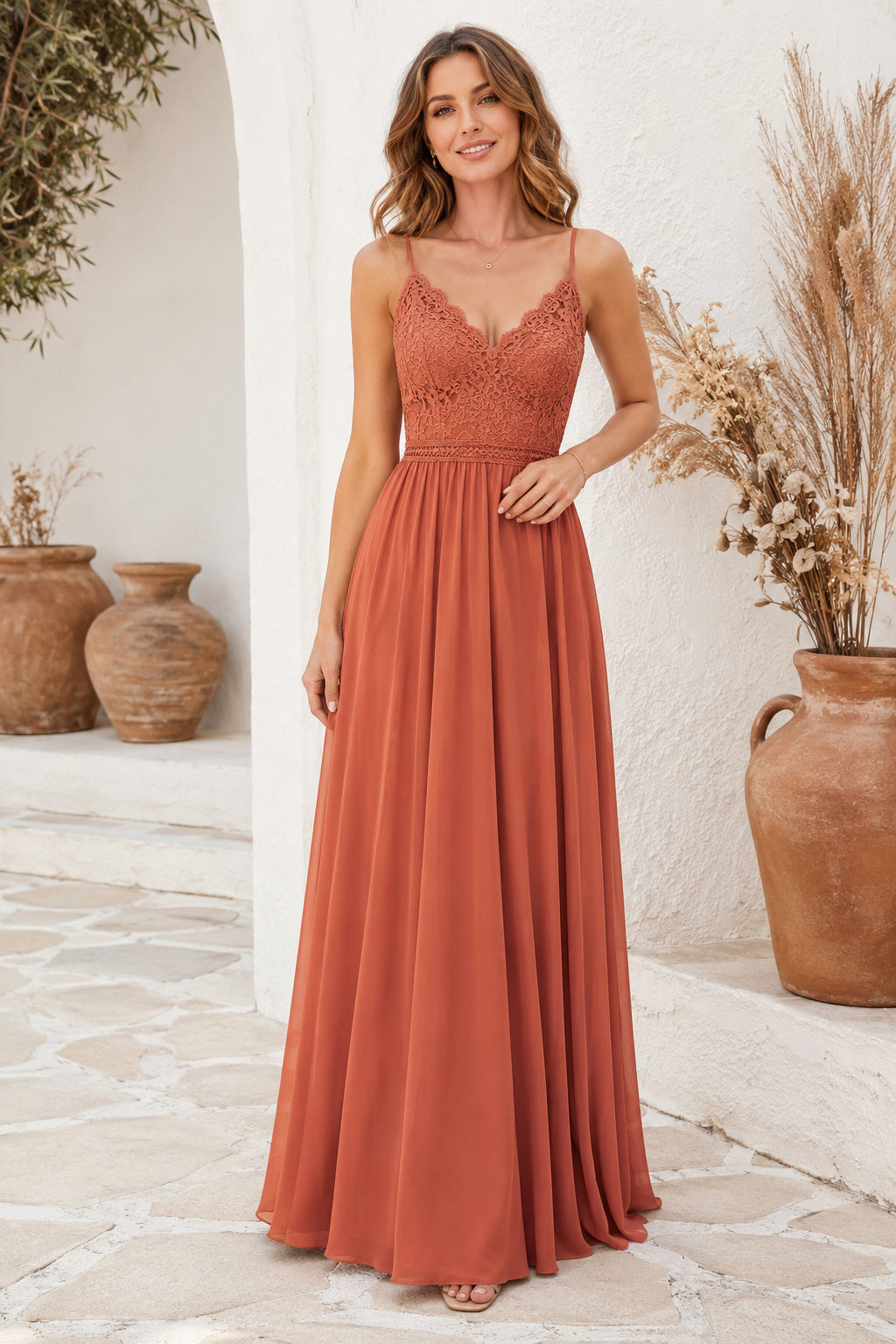 Papaya Spaghetti Strap Lace Bodice Chiffon A-Line Bridesmaid Dress with V-Neck front view