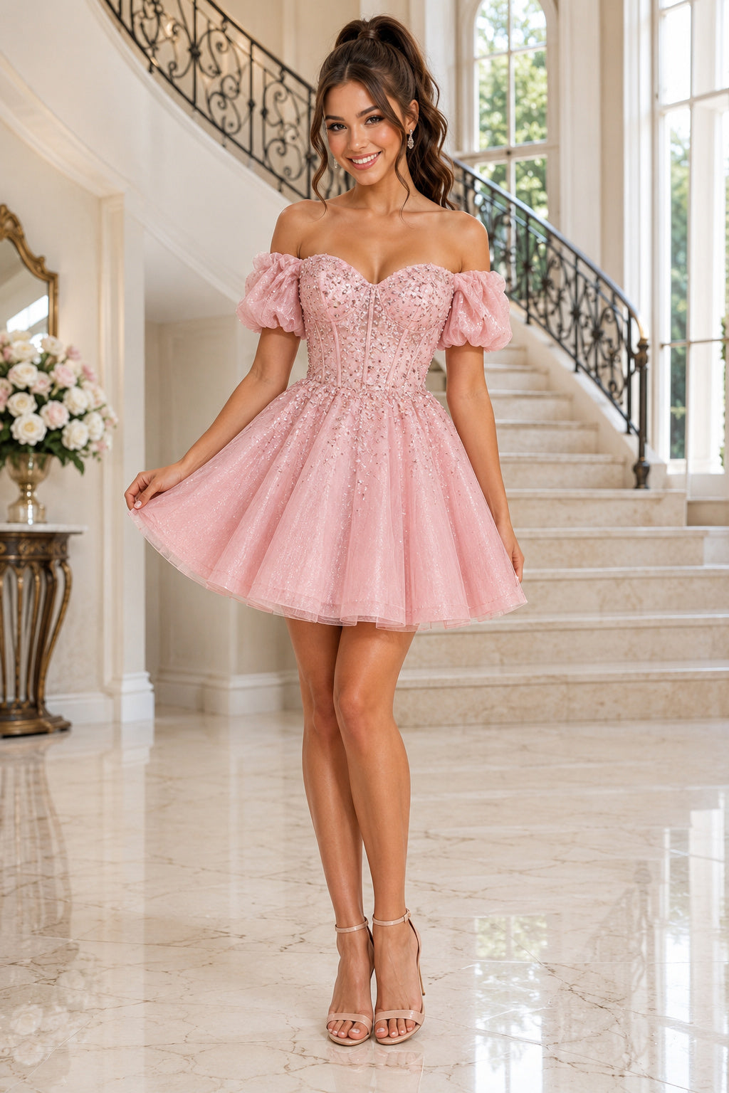 Blushing Pink Puff Sleeve Lace Tulle Short A Line Homecoming Dress With Corset Back Homecoming Dress front view