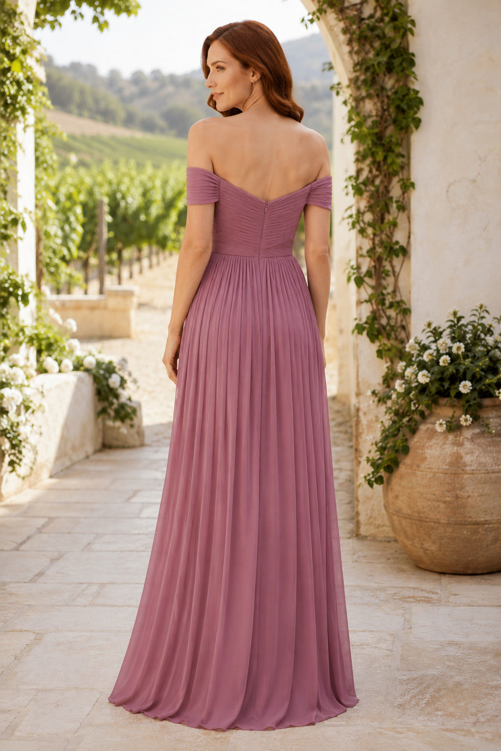 Dusty Rose Off-the-Shoulder Chiffon A-Line Bridesmaid Dress with Sweetheart Neck back view