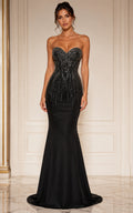 Black Tie Gala Dress with Crystal Beaded Bodice Strapless Mermaid Gown front view
