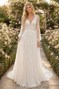 Ivory V-Neck Long Sleeve Lace A-Line Wedding Dress with Deep V Back and Train front view