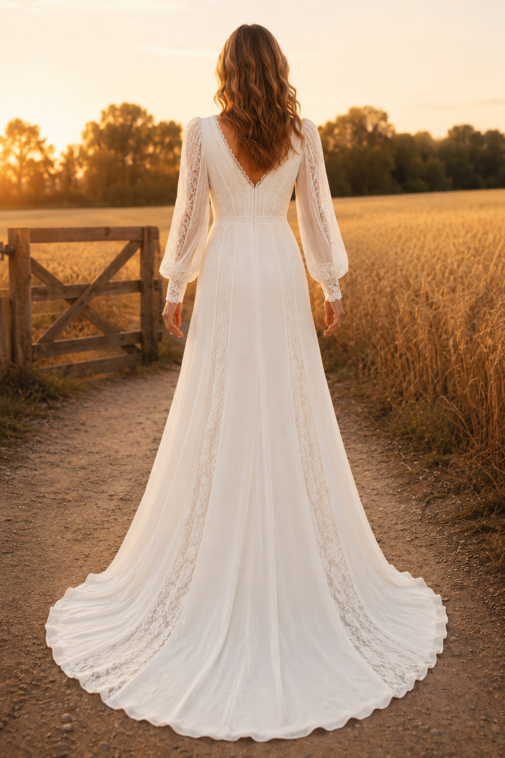 Boho V-Neck Long Sleeve Sheath Wedding Dress back view