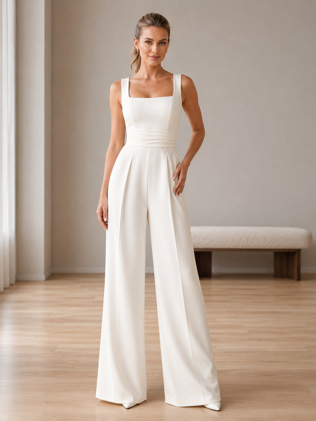 Minimalist Satin Wedding Jumpsuit Square Neck Sleeveless Floor Length Low V Back front view