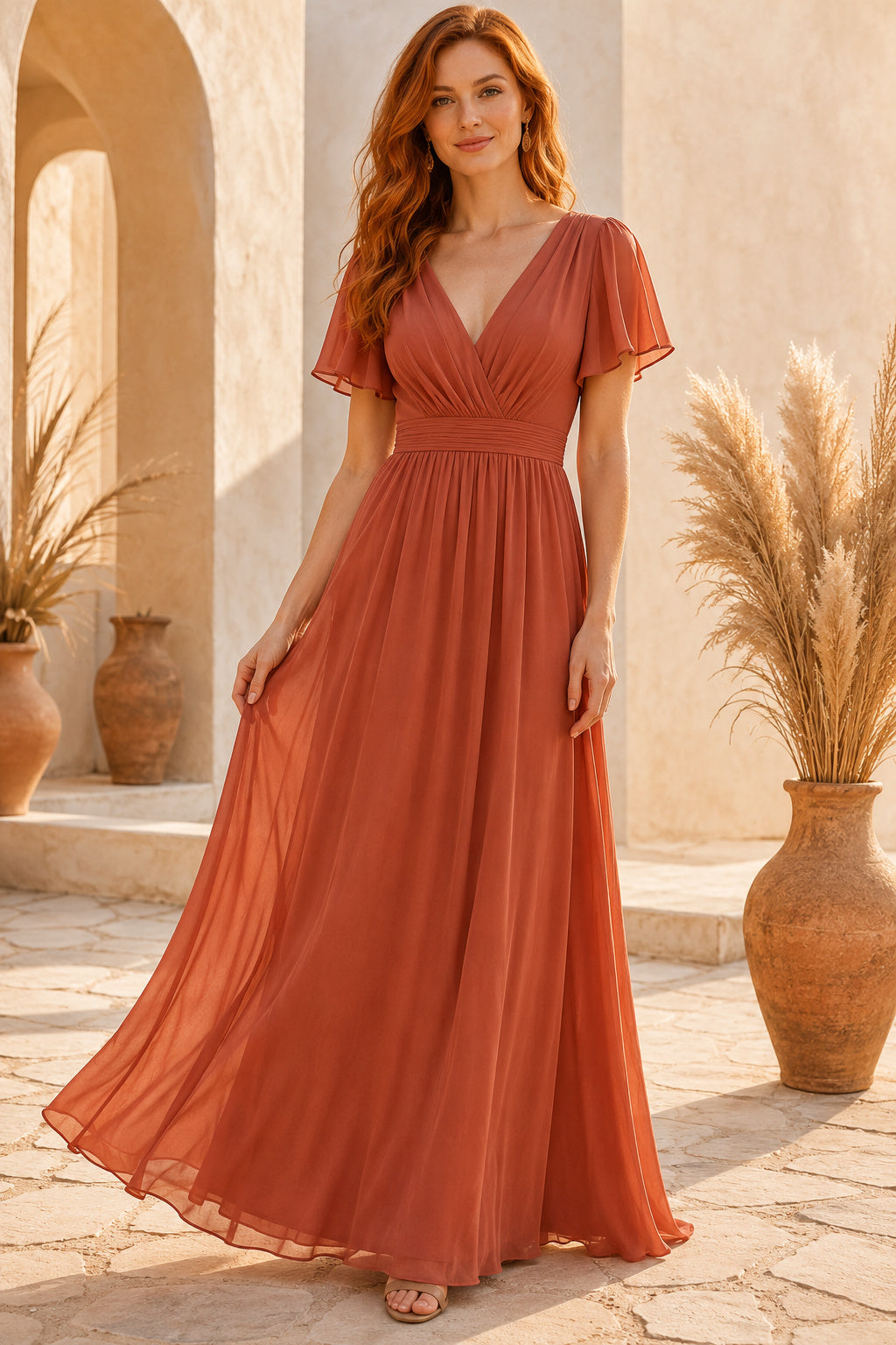 Papaya V-Neck Flutter Sleeve Chiffon A-Line Bridesmaid Dress with Ruched Waist front view