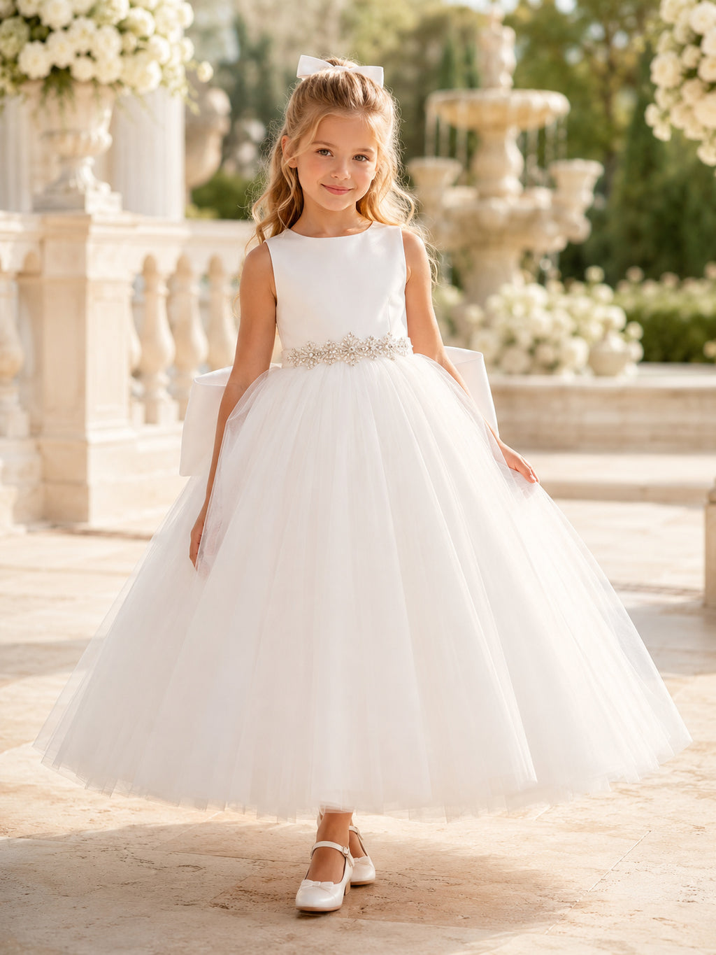 Flower Girl Dress Ivory Tulle A-Line Scoop Neck Tea Length Bow Detail front view