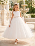 Flower Girl Dress Ivory Tulle A-Line Scoop Neck Tea Length Bow Detail front view
