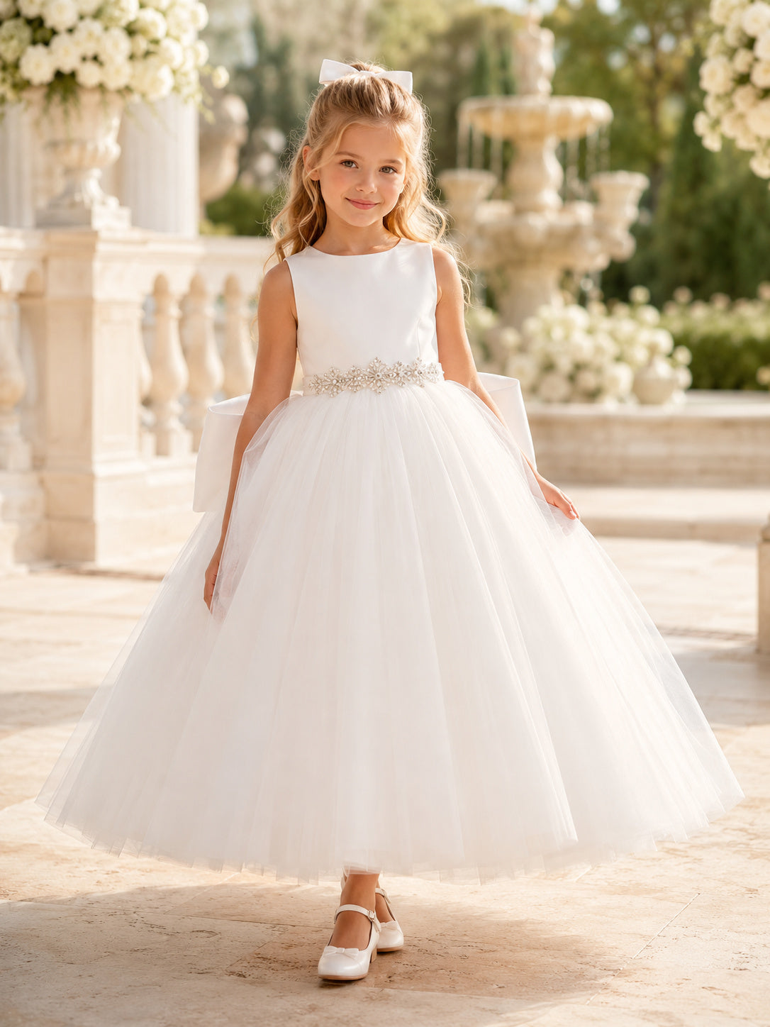 Flower Girl Dress Ivory Tulle A-Line Scoop Neck Tea Length Bow Detail front view
