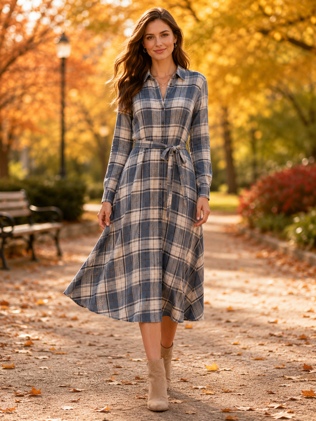 Blue Grey Plaid Shirt Collar Long Sleeve Park Midi Dress front view
