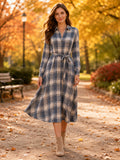 Blue Grey Plaid Shirt Collar Long Sleeve Park Midi Dress front view