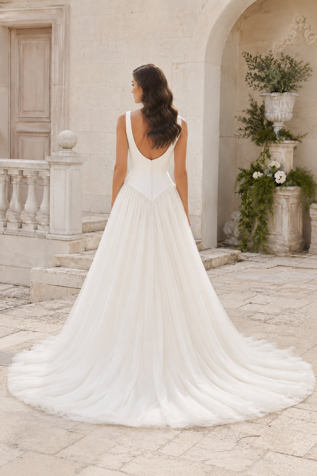 V-Neck Tulle A-Line Wedding Dress with Soft Corset Bodice back view