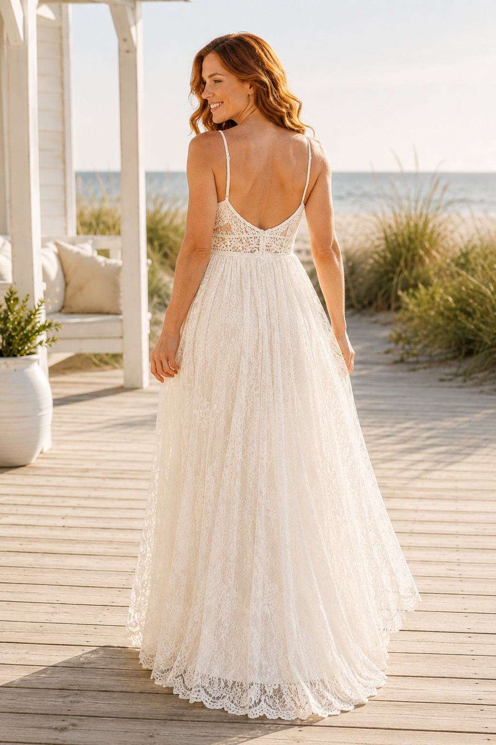 Ivory Spaghetti Strap Lace Tea-Length Wedding Guest Dress with Soft A-Line Skirt back view
