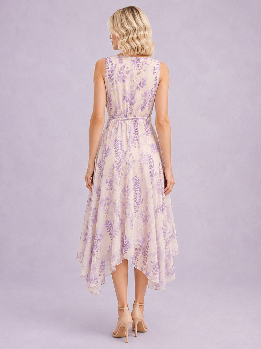 Lavender Field Print V-Neck High Low Chiffon Dress back view