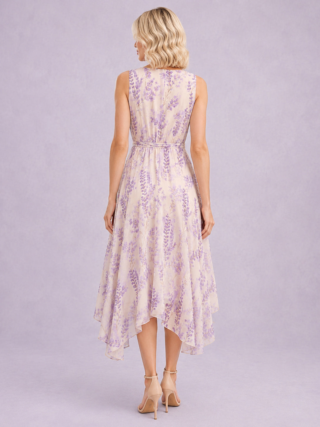 Lavender Field Print V-Neck High Low Chiffon Dress back view