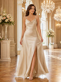 Champagne cowl neck satin A-line bridesmaid gown with slit front view