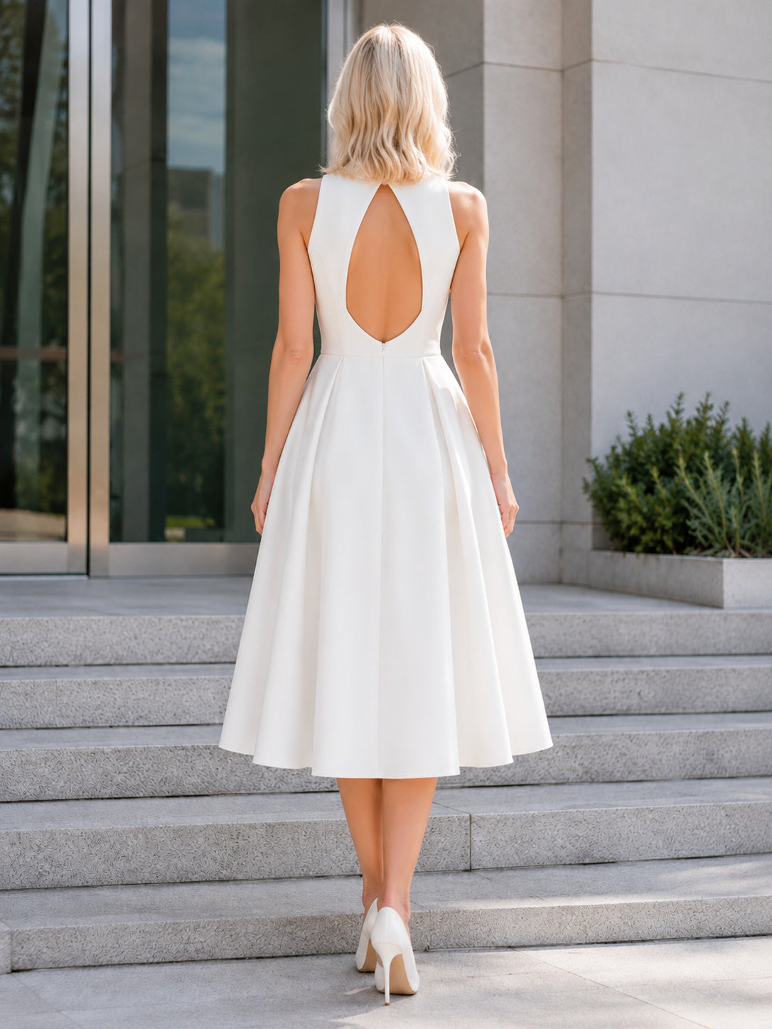 Courthouse Satin Wedding Dress A-Line Jewel Neck Sleeveless Tea Length Keyhole Back Bridal Gown back view
