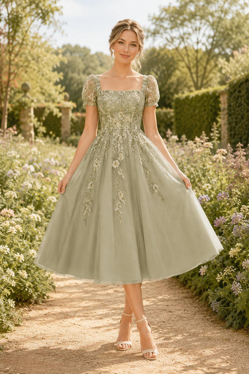 Sage Square Neck Puff Sleeve Lace Dress with Tulle Skirt Tea Length A-Line Homecoming Dress front view