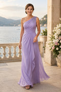Lavender One-Shoulder Pleated A-Line Mother Dress with Flowing Chiffon Skirt front view
