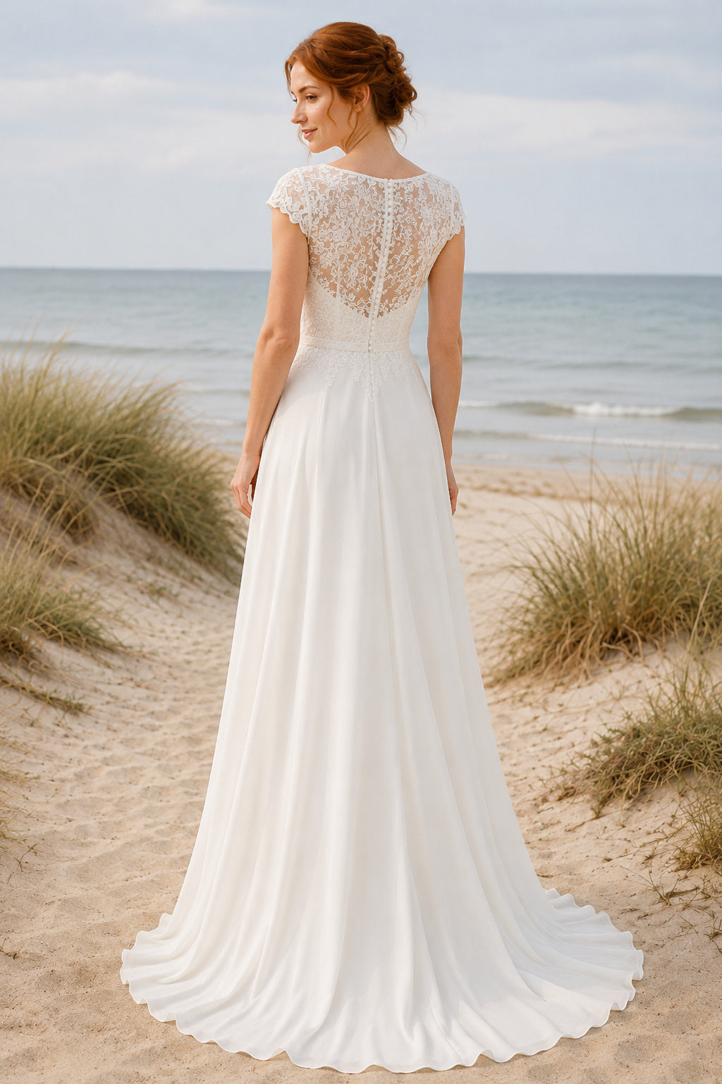 Ivory Simple Bateau Neck A-Line Chiffon Lace Wedding Dress with Cap Sleeves and Sweep Train back view