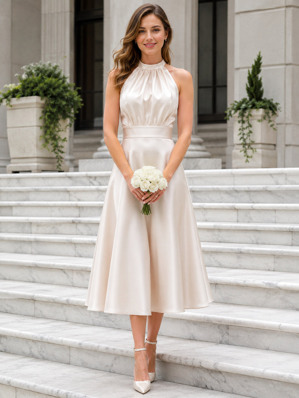 Petite Halter Satin Tea-Length City Hall Wedding Dress front view