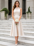 Petite Halter Satin Tea-Length City Hall Wedding Dress front view