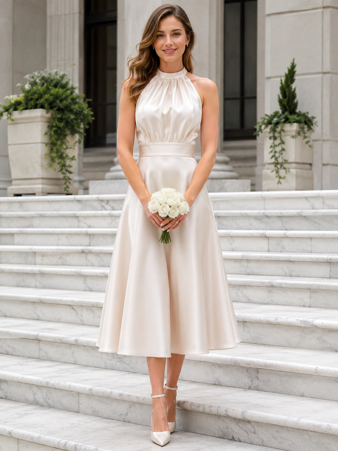 Petite Halter Satin Tea-Length City Hall Wedding Dress front view