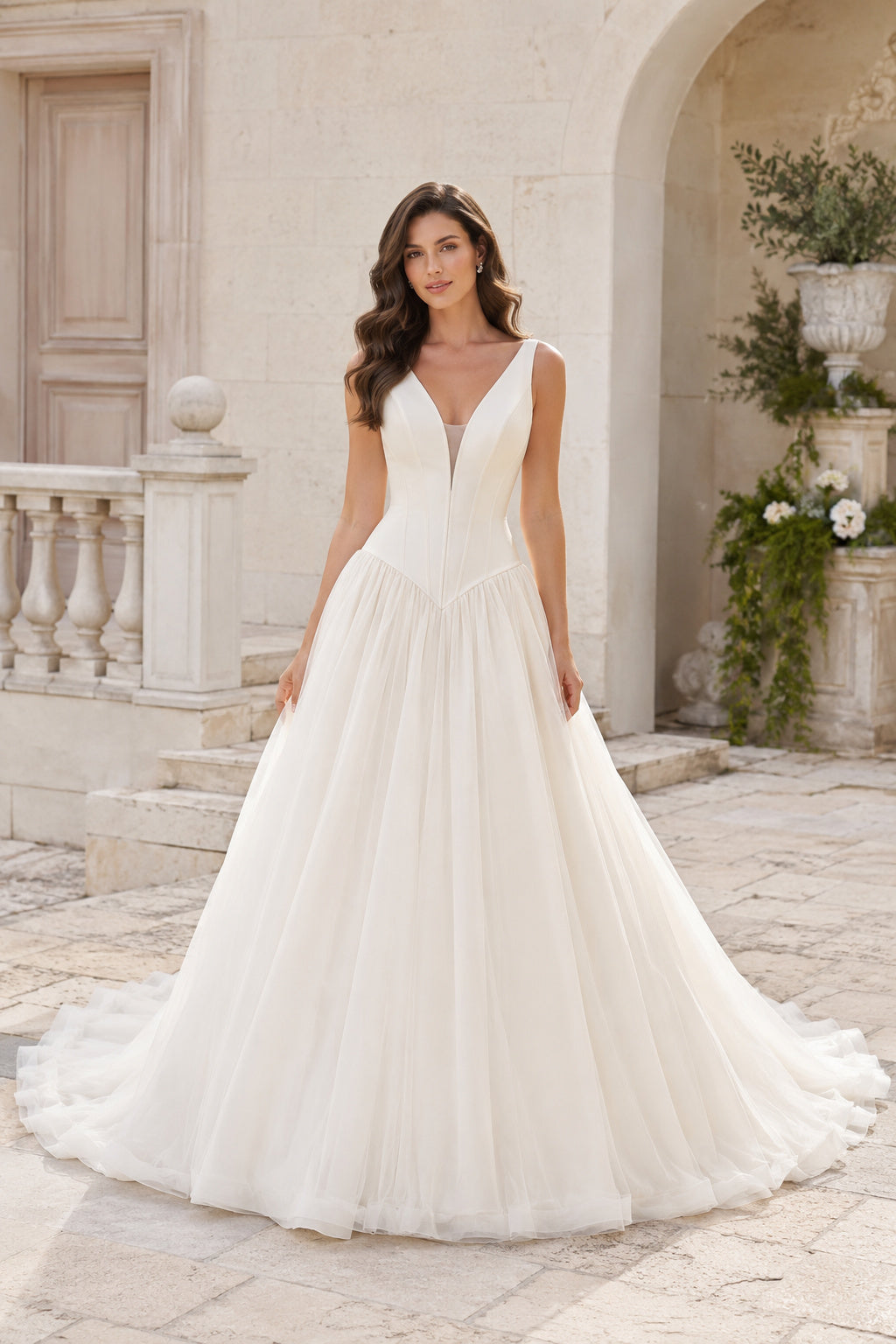 V-Neck Tulle A-Line Wedding Dress with Soft Corset Bodice front view