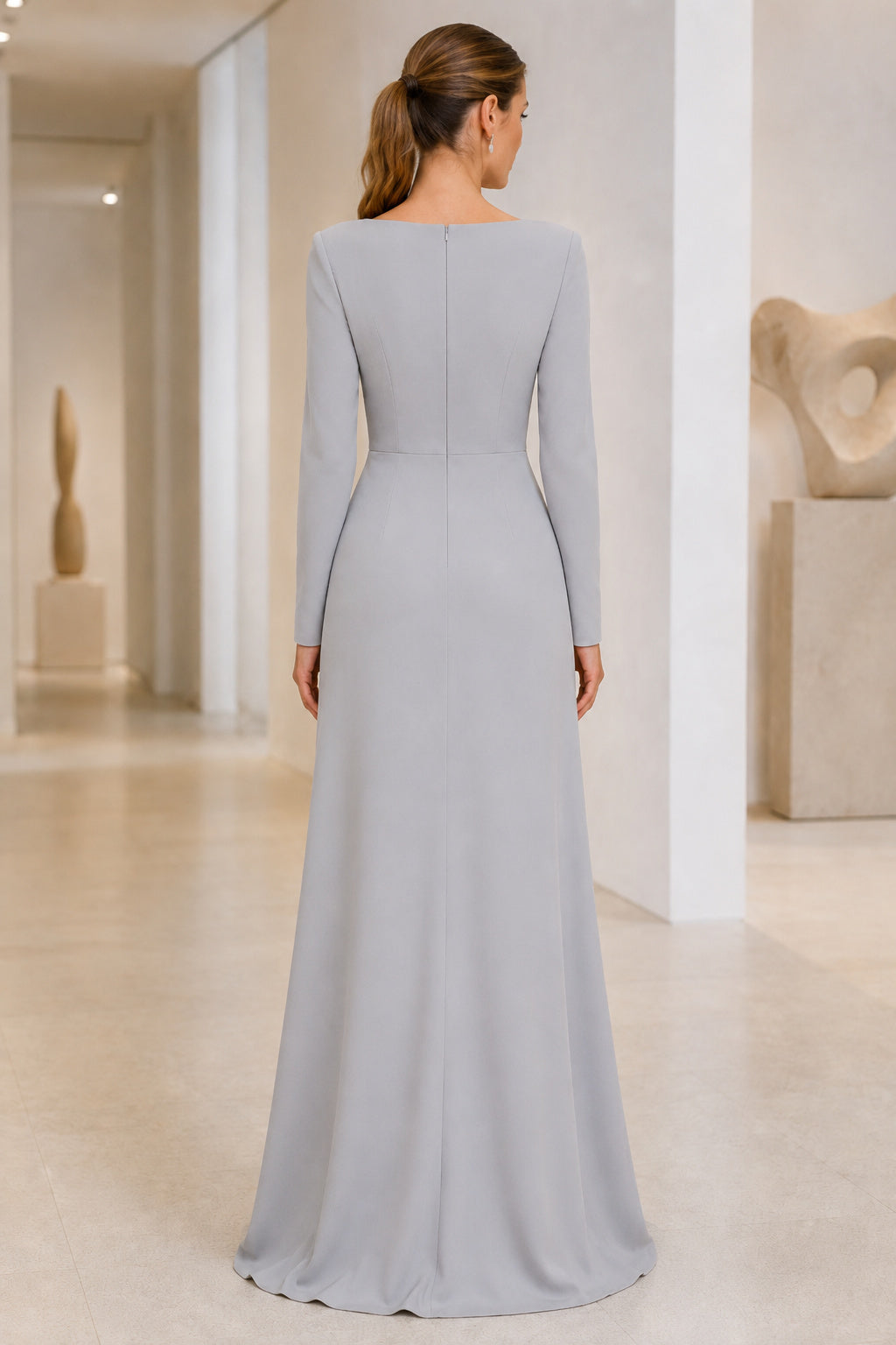 Silver Bateau Neck Long Sleeve Sheath Mother Dress with Clean Floor Length Skirt back view