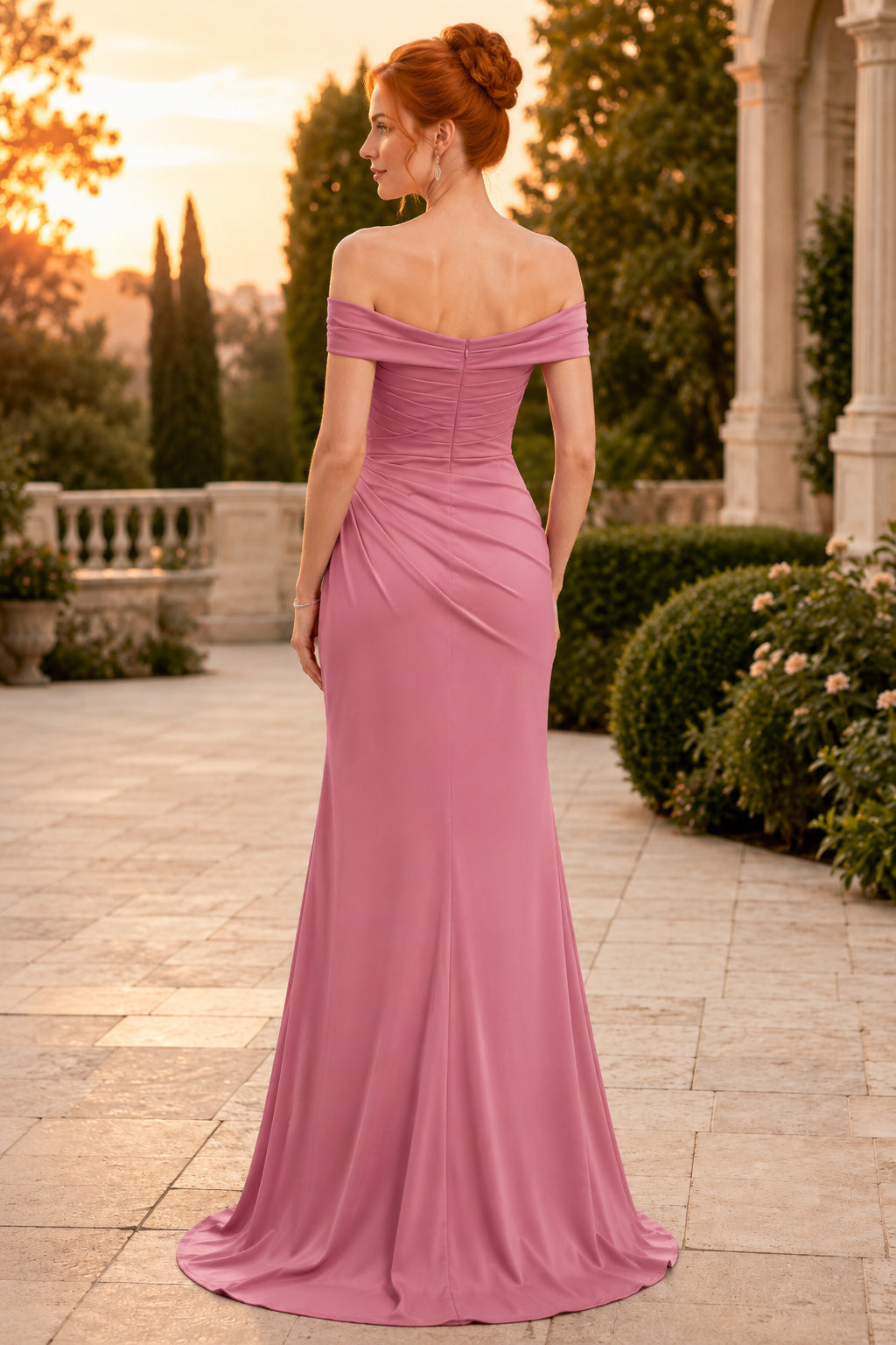 Dusty Rose Off-the-Shoulder Sheath Formal Dress with Draped Bodice and Slit back view