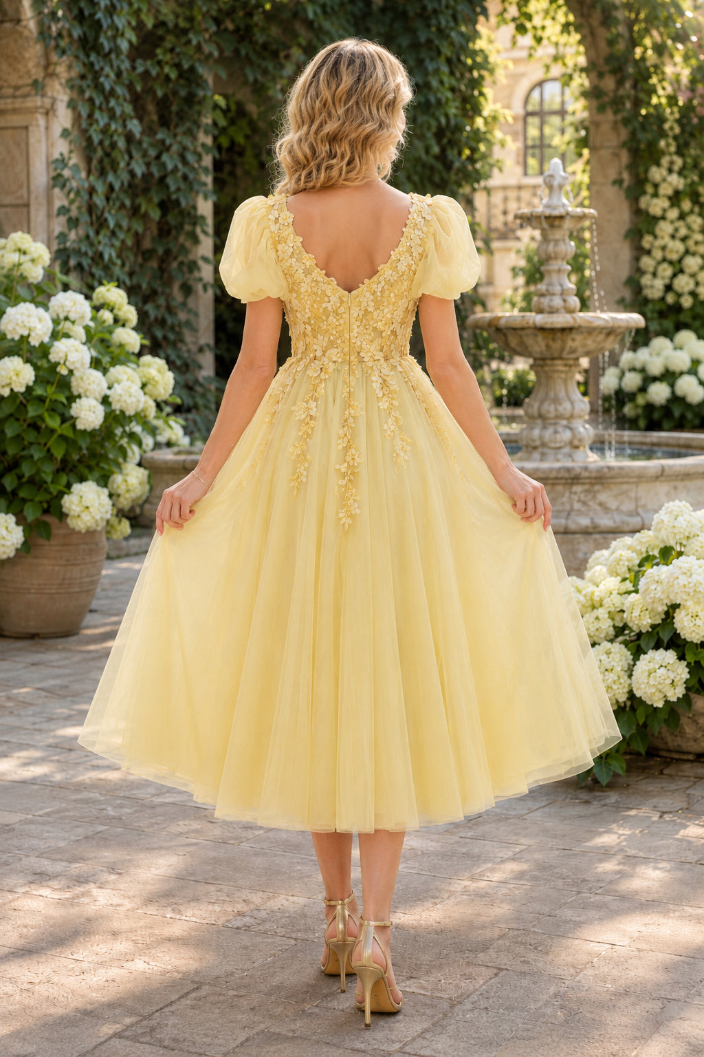 Daffodil Yellow Puff Sleeve Lace Applique Bodice with Tulle Skirt Tea Length A-Line Homecoming Dress back view