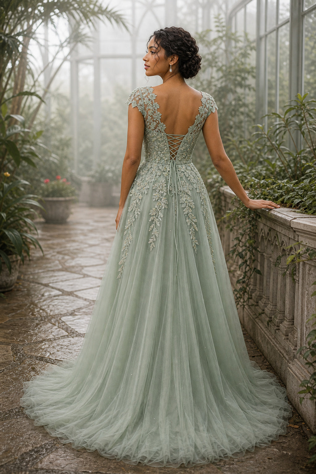 Sage V-neck Cap Sleeve A-Line Lace Floor-Length Dress With Appliques