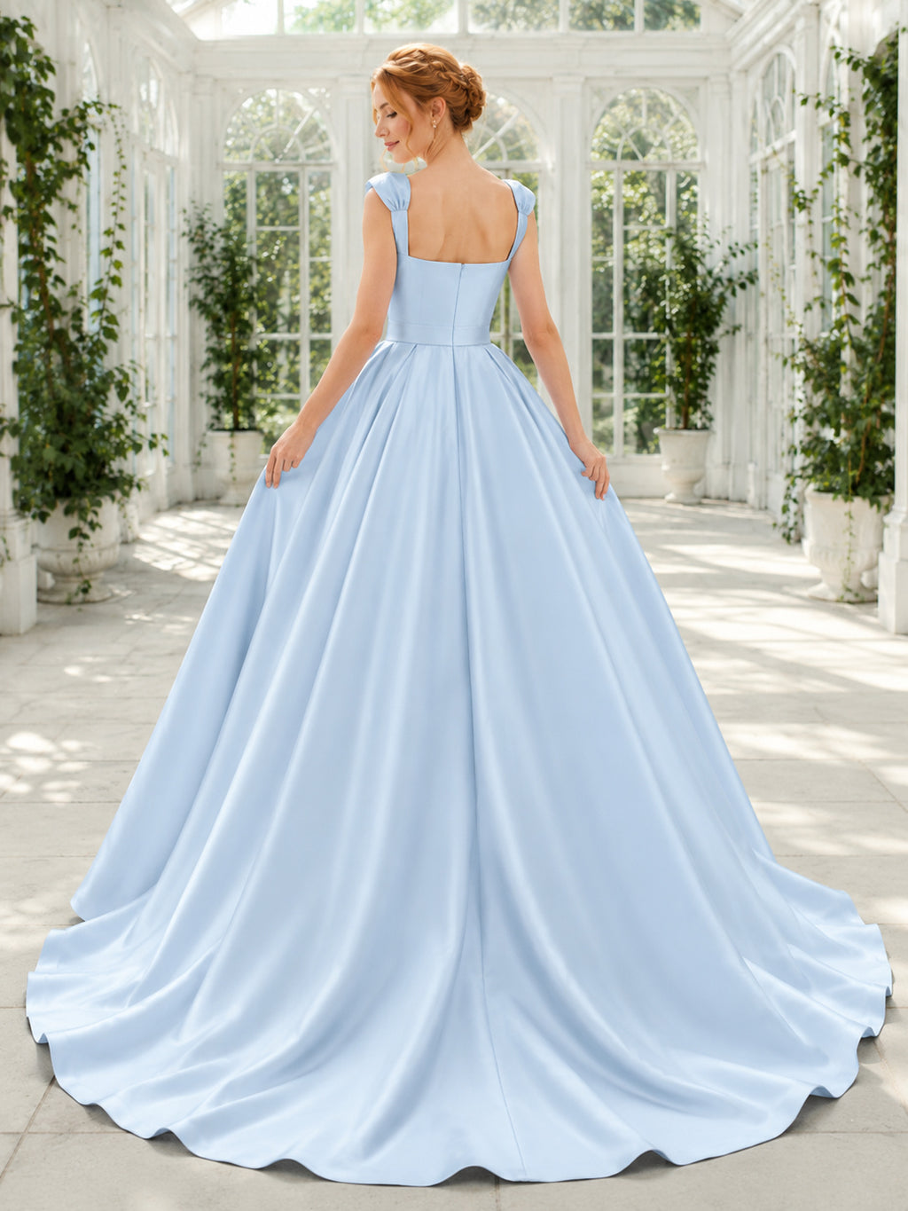 Baby Blue Satin Square Neck Bow Strap Ball Wedding Gown back view