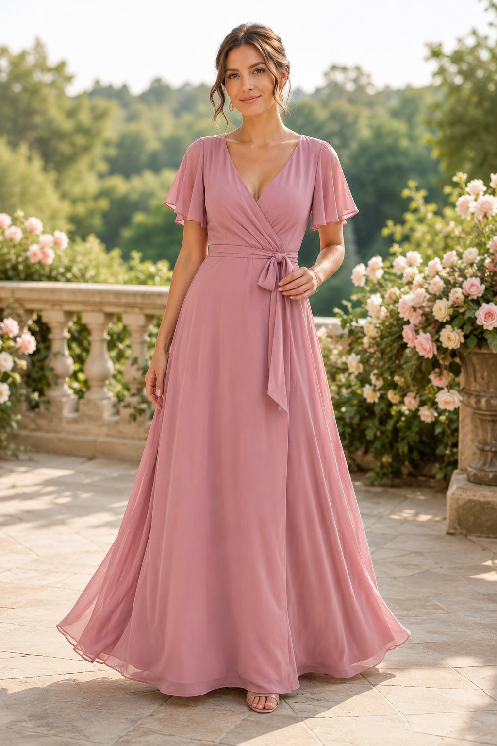 Dusty Rose V-Neck Chiffon A-Line Bridesmaid Dress with Flutter Sleeves and Sash for Garden Reception front view