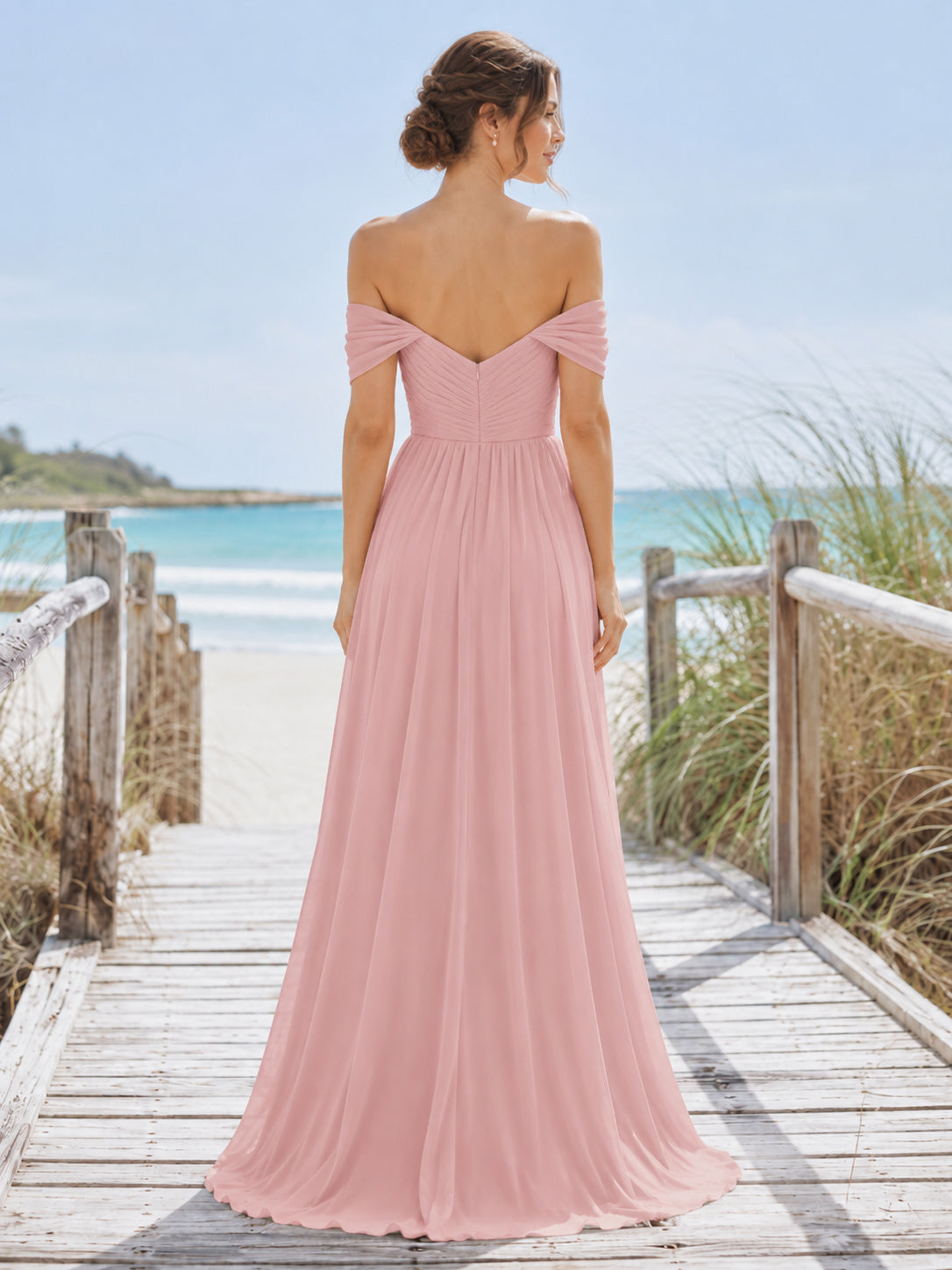 Pearl Pink Beach A-Line Chiffon Bridesmaid Dress with Off-Shoulder Sweetheart Short Sleeve Bodice, Pleated Floor-Length Skirt