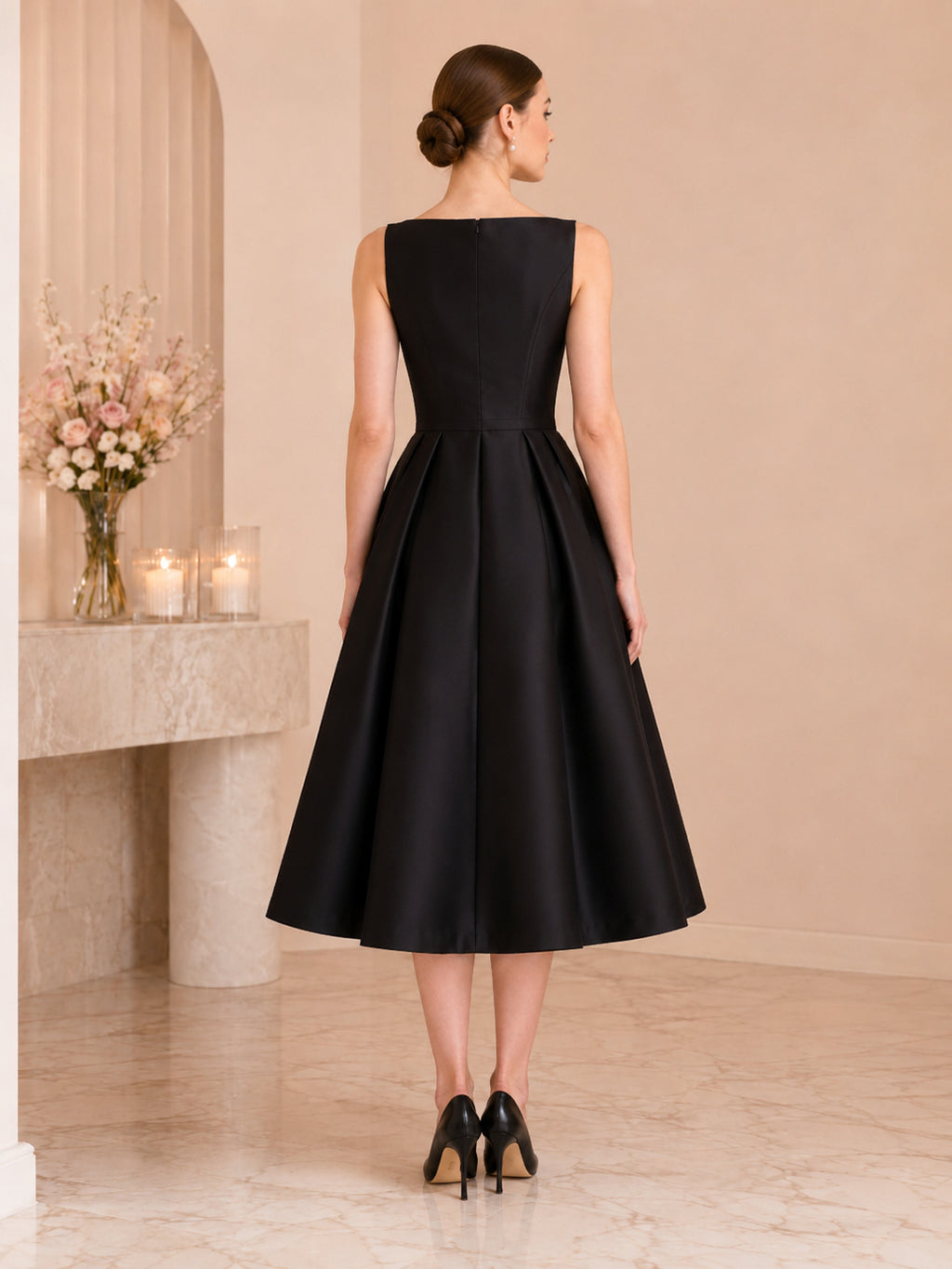 Black Bateau Sleeveless Satin Tea-Length A-Line Modest Wedding Dress back view