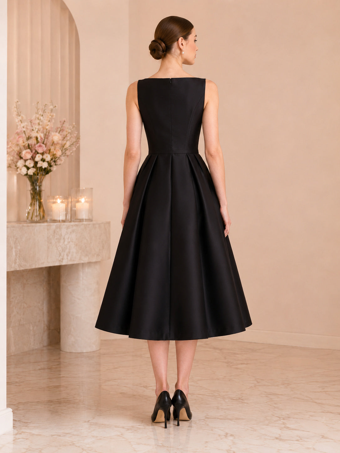 Black Bateau Sleeveless Satin Tea-Length A-Line Modest Wedding Dress back view