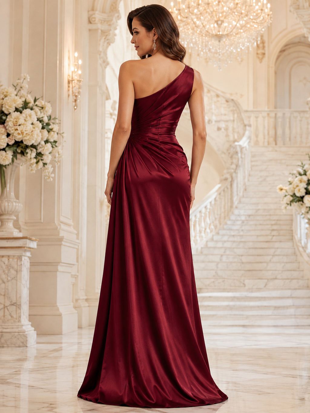 Formal Ballroom Burgundy Elegant Modern Sexy Sheath Satin Bridesmaid Dress with One-Shoulder Sleeveless Floor-Length Ruching