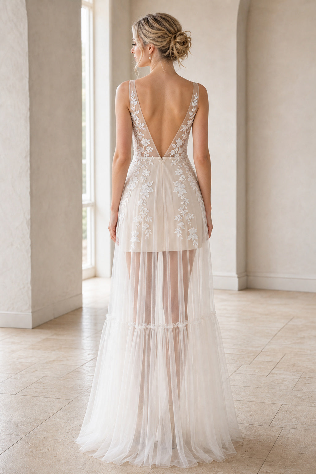 Ivory V-neck Sheath Tulle, Lace High-low Wedding Dress With Lace and Tiered Skirt and Open Back