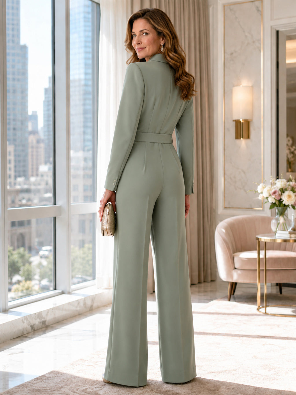 Sage Modern Belted Tuxedo-Lapel Three-Quarter-Sleeve Wide-Leg City Mother of the Bride Jumpsuit back view